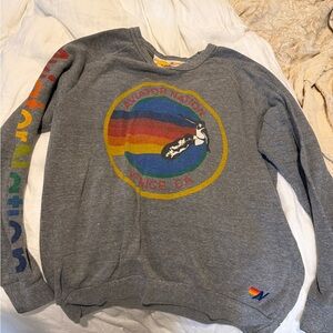 Aviator Nation Gray Crewneck with Rainbow Graphic and Sleeve Lettering
